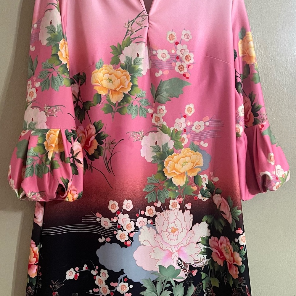 Beautiful Floral Pink  Dress with Balloon sleeves Sz. XL